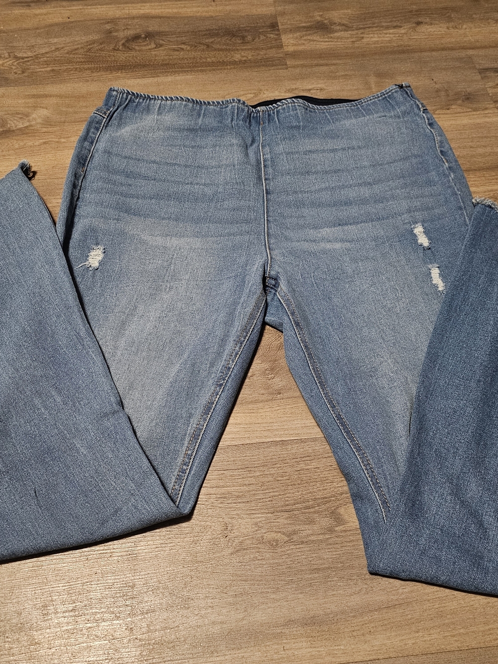 Light Blue Distressed Wide Leg Elastic Waist Band Jeans
